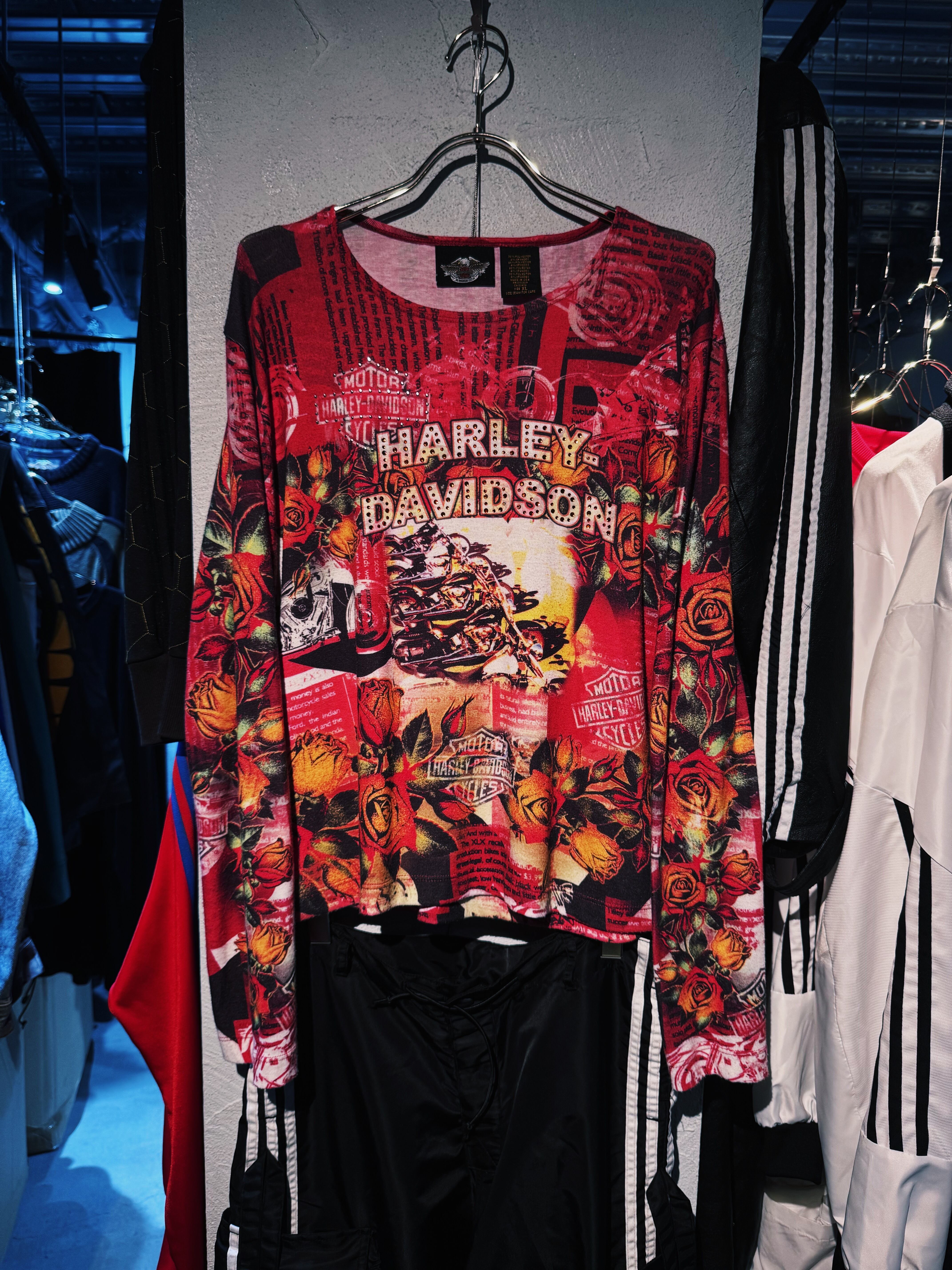 【D4C】vintage "Harley-Davidson" glitter logo full rose pattern design long sleeve T-shirt