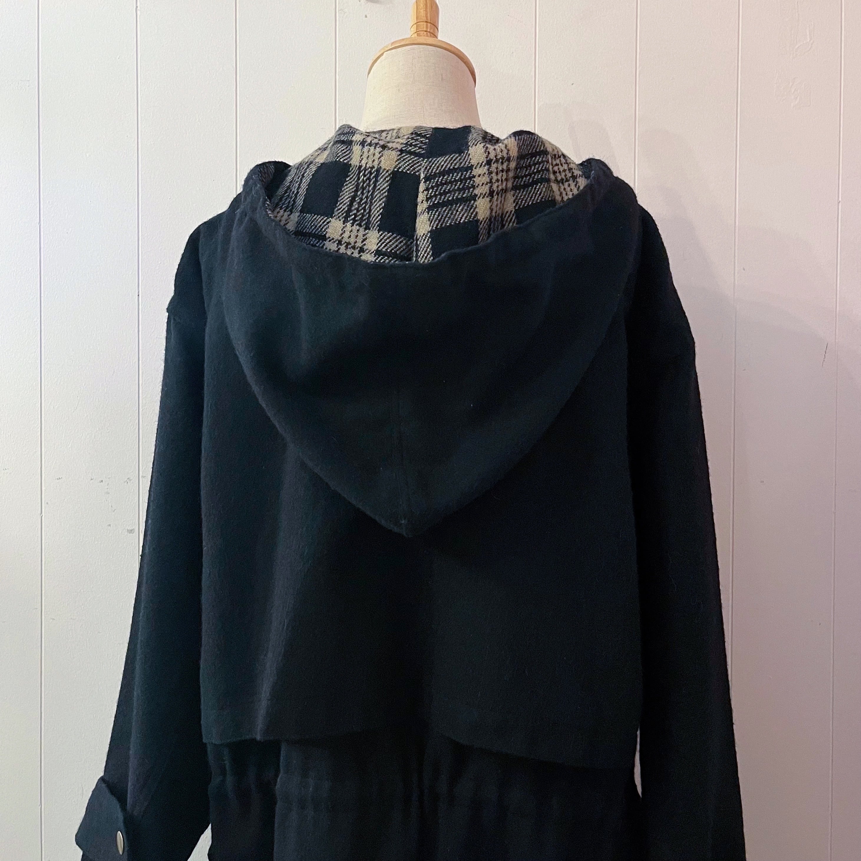 black beige check hoodie coat