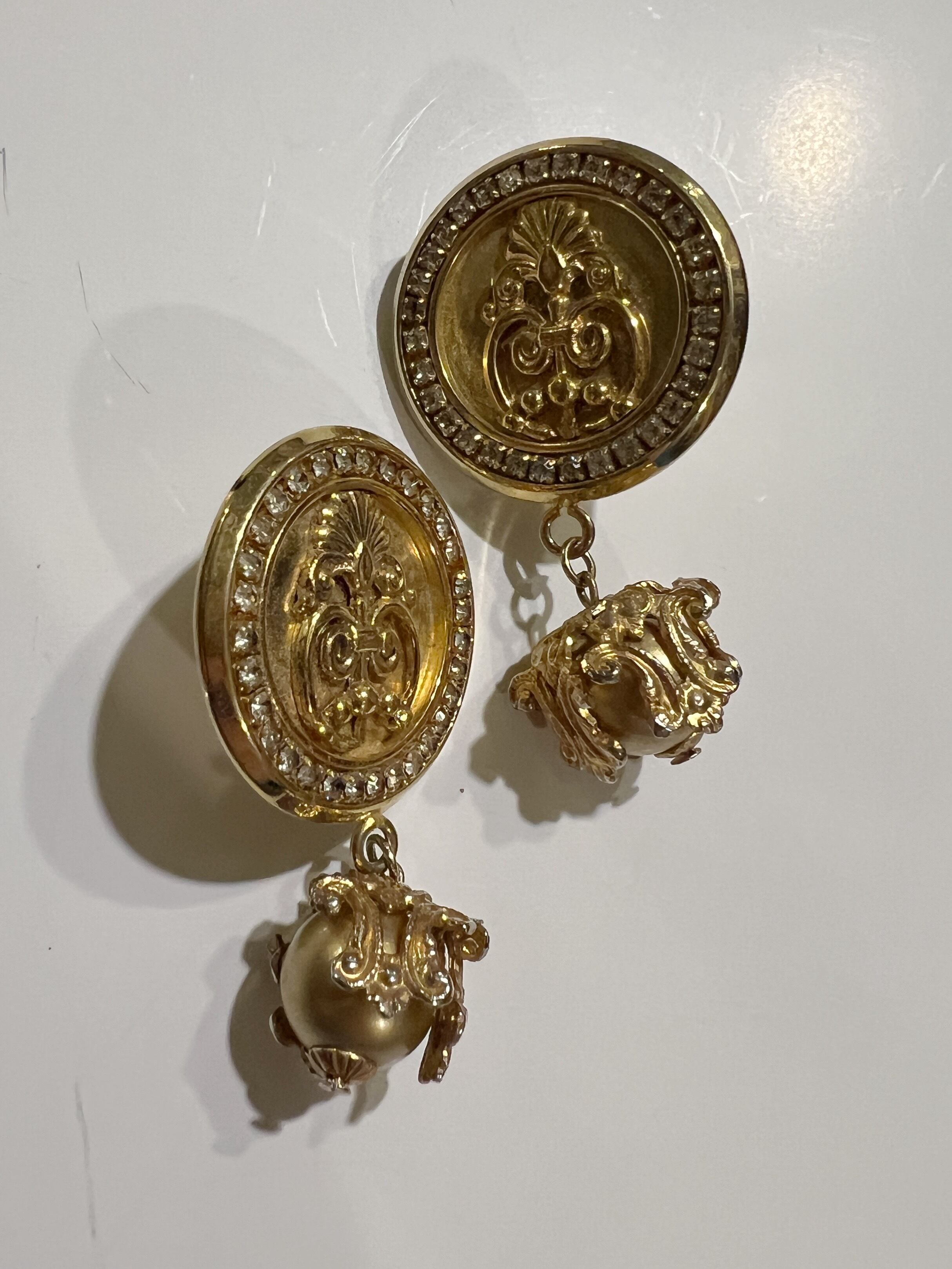 80s -90s Ornament Medallion & Baroque Pearl Drop Earrings