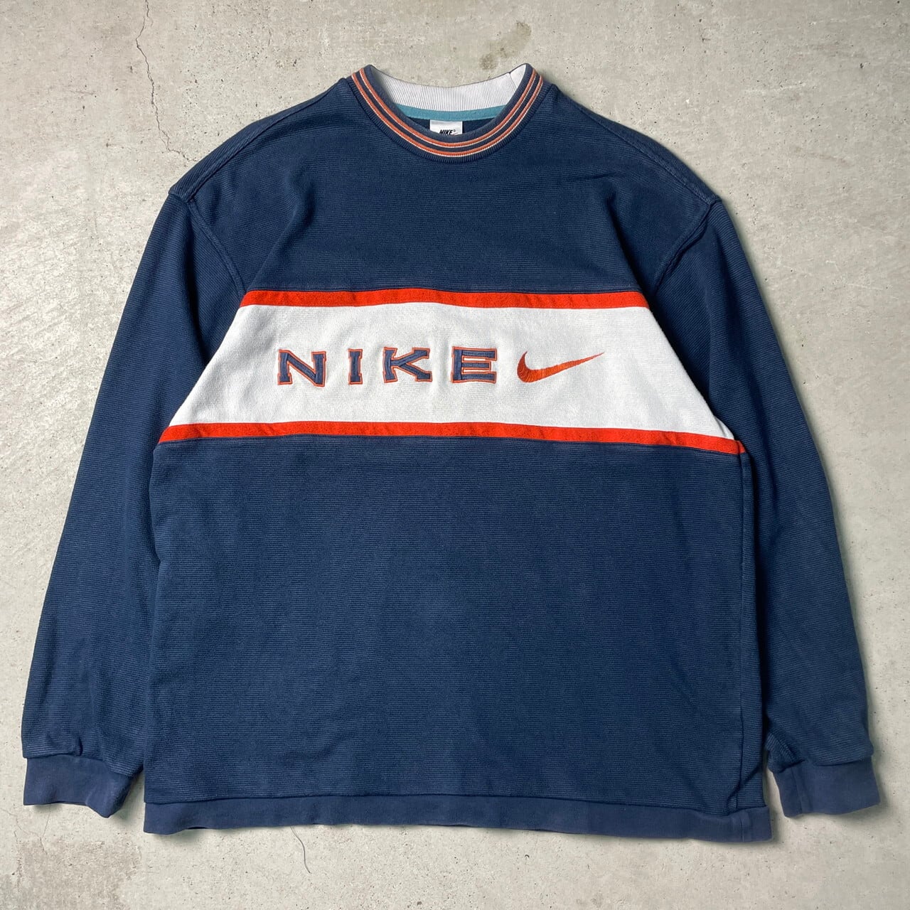 90年代 NIKE ナイキ ビッグロゴ刺繍 切替 スウェットシャツ メンズXL相当 古着 90s ビンテージ ヴィンテージ トレーナー  スウォッシュロゴ ネイビー オレンジ 紺色 【スウェット】 | cave 古着屋【公式】古着通販サイト