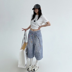 feichaiyoulaile個性的グラフィック七分丈デニムパンツ