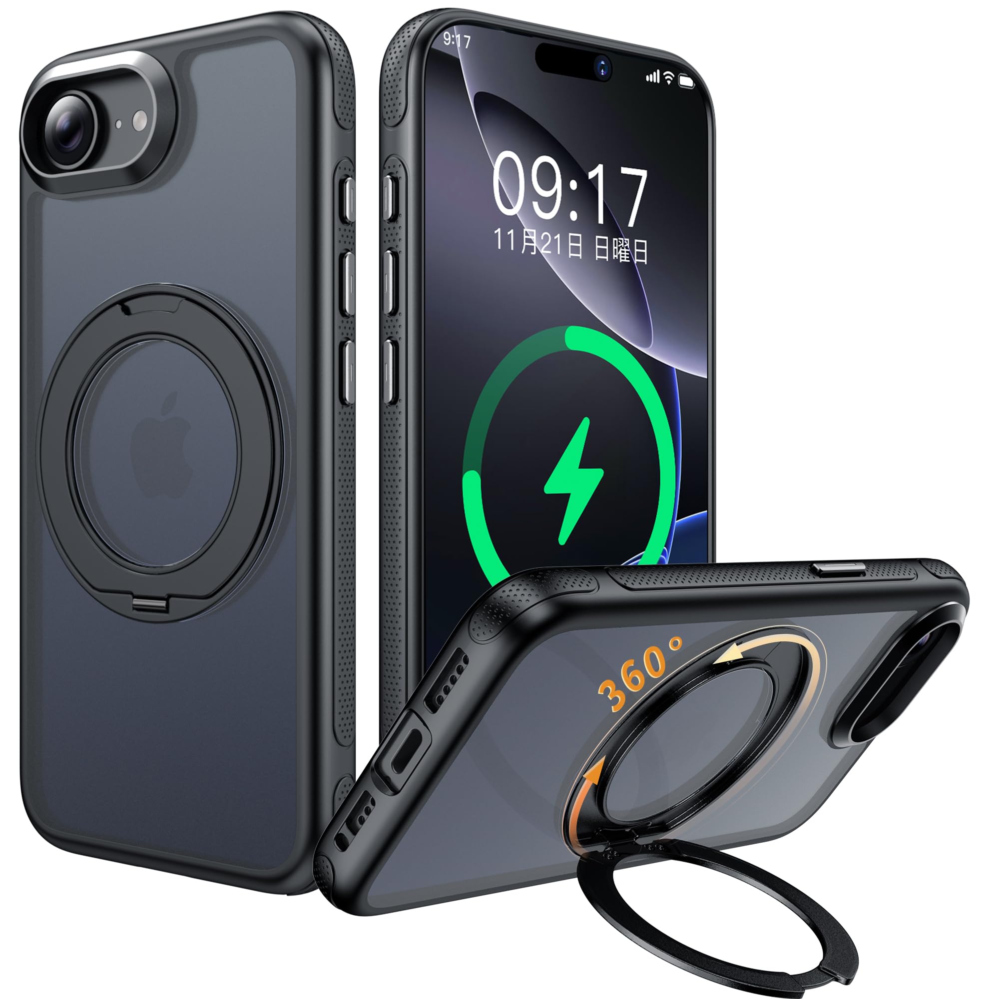 iPhone 17e / iPhone 16e ケース Magsafe対応 クリア 360°回転スタンド(ブラック)