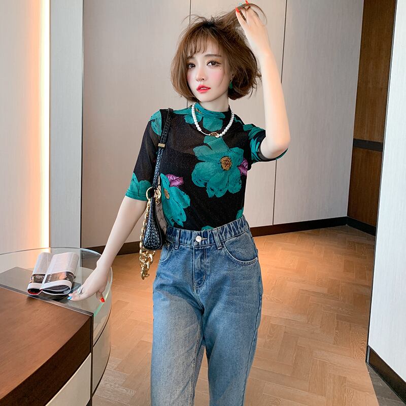 スタンダードモダンシルバースタンドカラーカラープリント柄スリムスリーブトップス オータム レトロ 秋物 シルク 銀 MIUCO82681825300