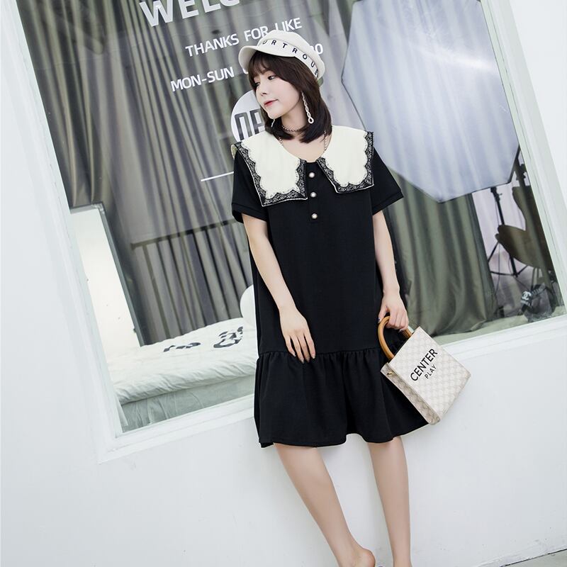 サマーレースネイビーカラールーズドレス 大きめサイズ 夏物 ミックスインファッション84034928399