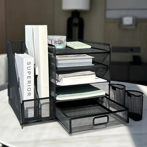 卓上収納  収納 卓上収納ラック ファイルラック 書類トレー メッシュメタル 書類ラック 多機能 引き出し ブラック