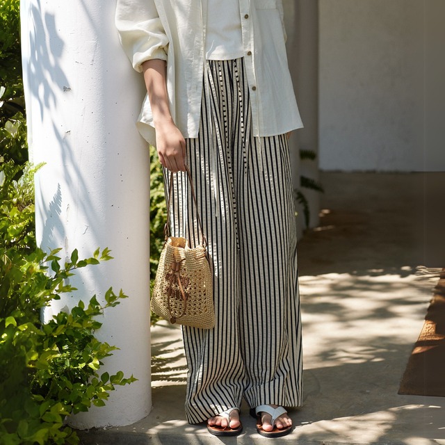 ストライプドローストリングワイドパンツ　M0281