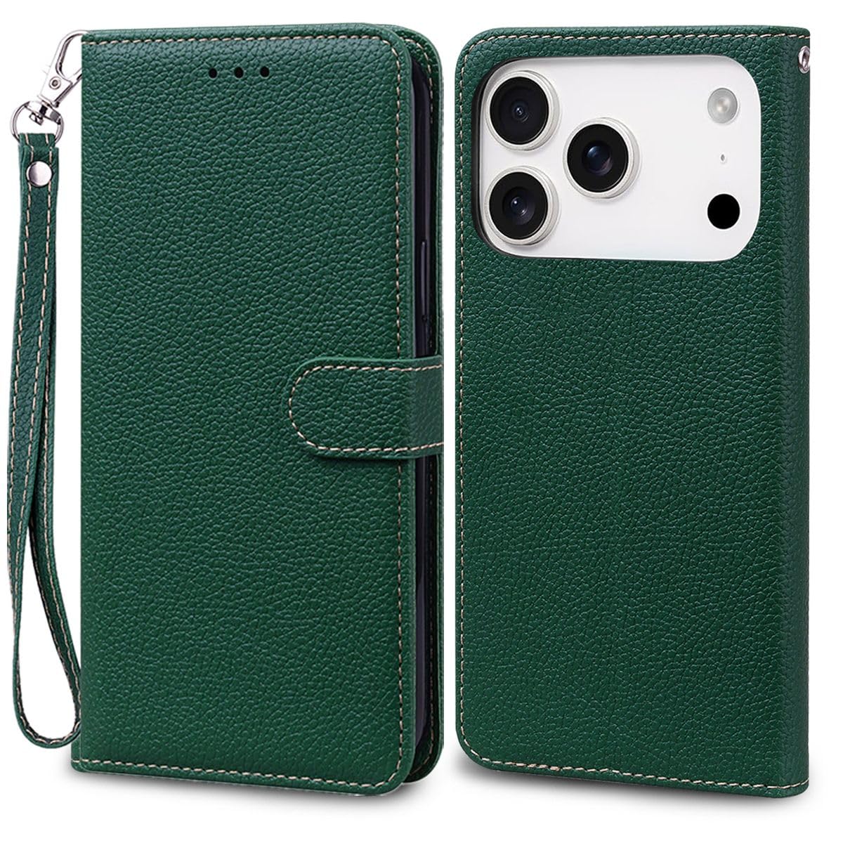 iPhone 18 Pro Max 通用 17 Pro Max ケース 手帳型 用 Cobeimisr カバー case ライチ紋 ダークグリーン