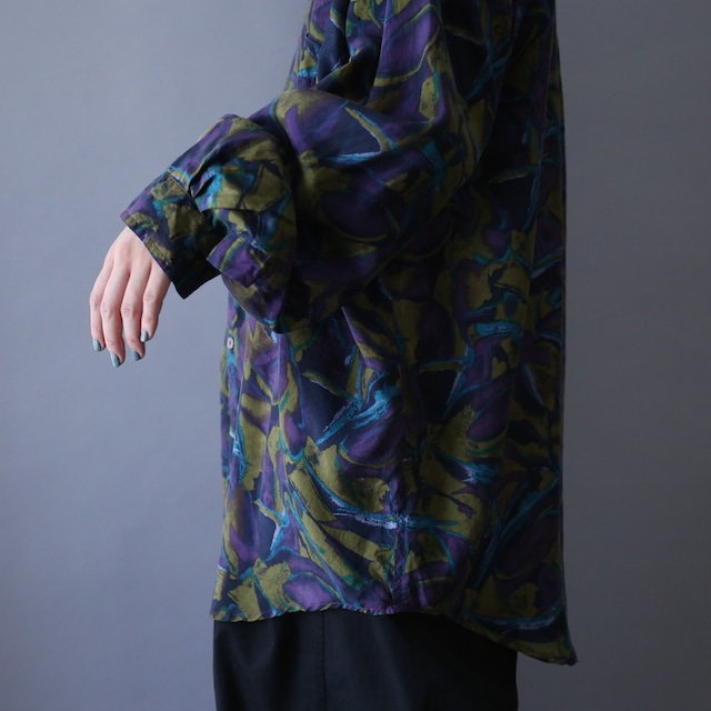 poison color abstract painting pattern over silhouette silk shirt