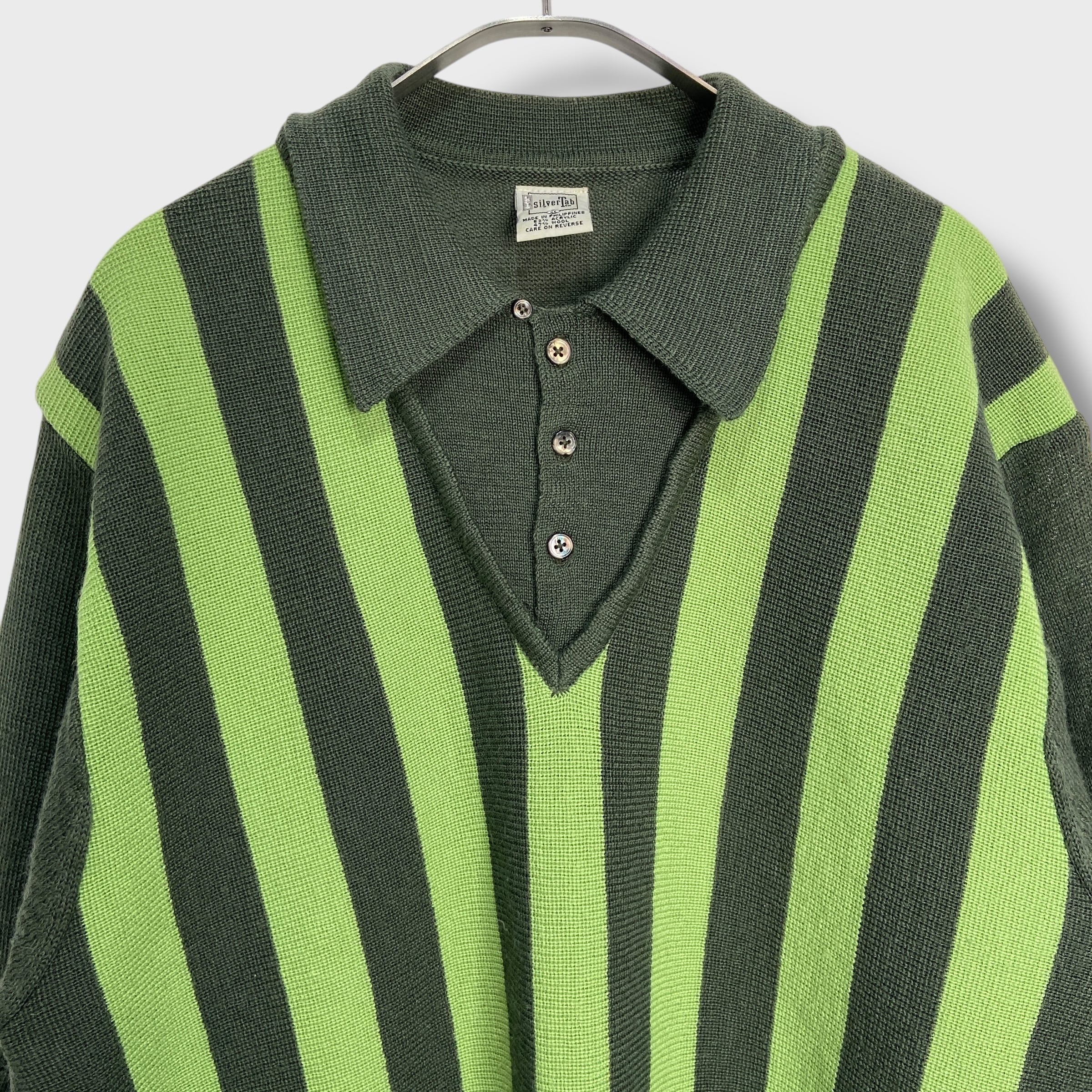 90s シルバータブ リーバイス ストライプ柄ニットポロシャツ グリーン