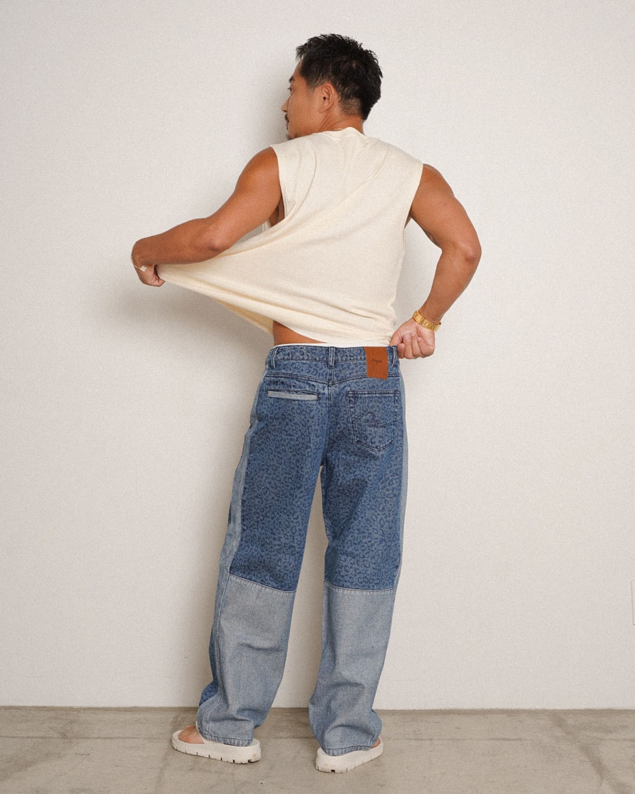 【#Re:room】LEOPARD PANELED WIDE DENIM PANTS［REP323］