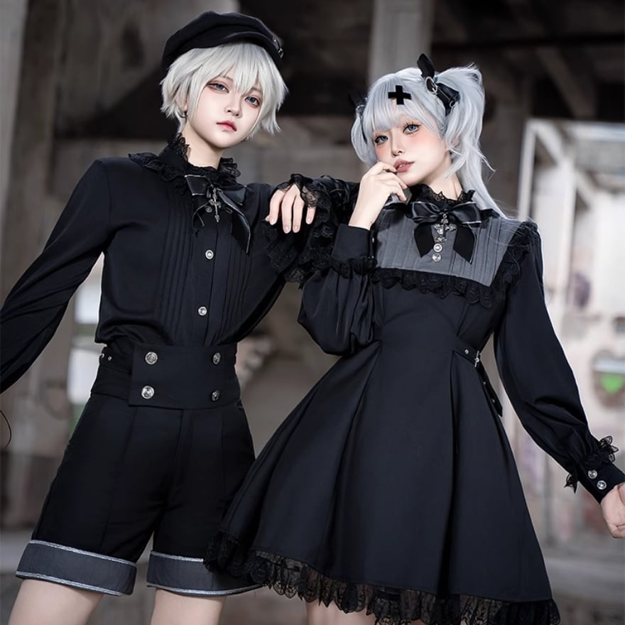 WithU ゴスロリ ワンピース ゴスロリ ワンピース 黒 白 付け襟 ロングドレス 鍵チャーム 4点