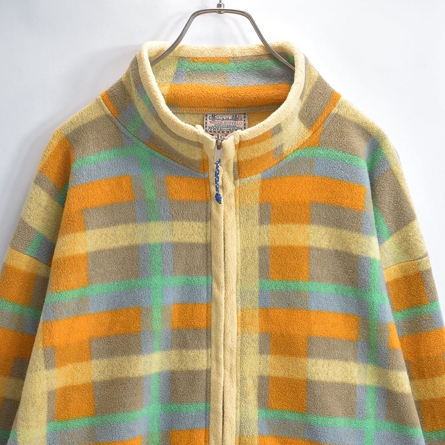 90～00s WATER BUFFALO ペールイエロー チェック柄 ジップアップ フリースジャケット ブルゾン アウトドア マルチカラー ヴィンテージ ビンテージ 古着 メンズL～相当