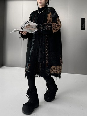 Loose leopard print patchwork knit cardigan [T2563]