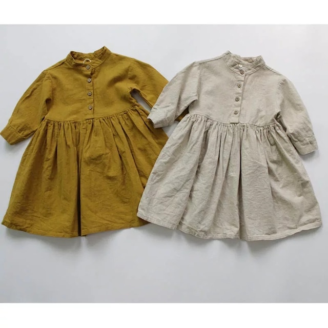 18ヵ月～7歳 無地 コットンリネン クルーネック ワンピース  | 女の子 | 2色 | 海外 韓国 子供服 |