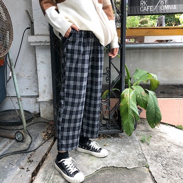 スクールテイスト チェック柄ワイドパンツ ウエストゴム リラックス