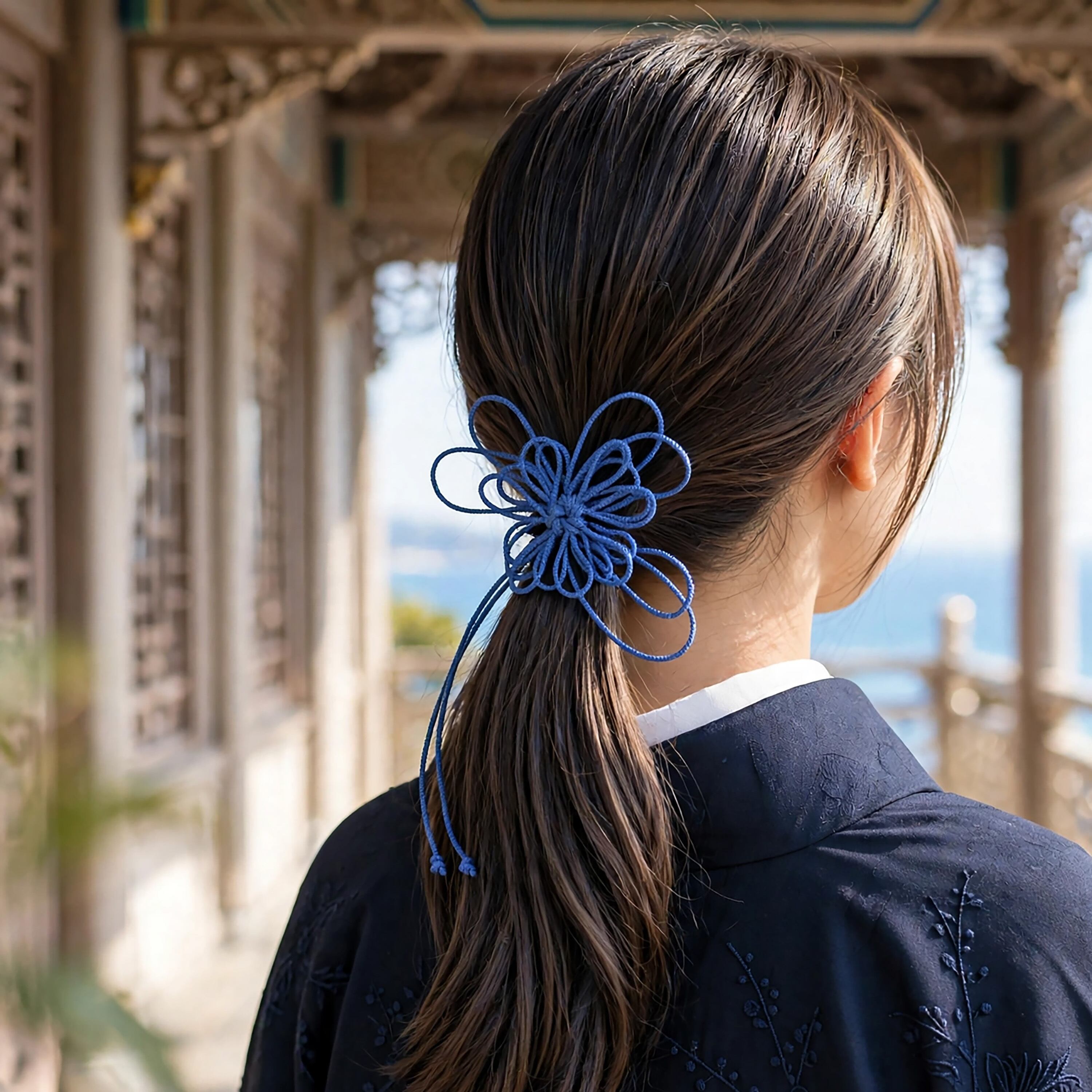 飾り結びヘアゴム「囁、明ラカニ」(薄青)|着物・浴衣に簡単アレンジで和装ヘア