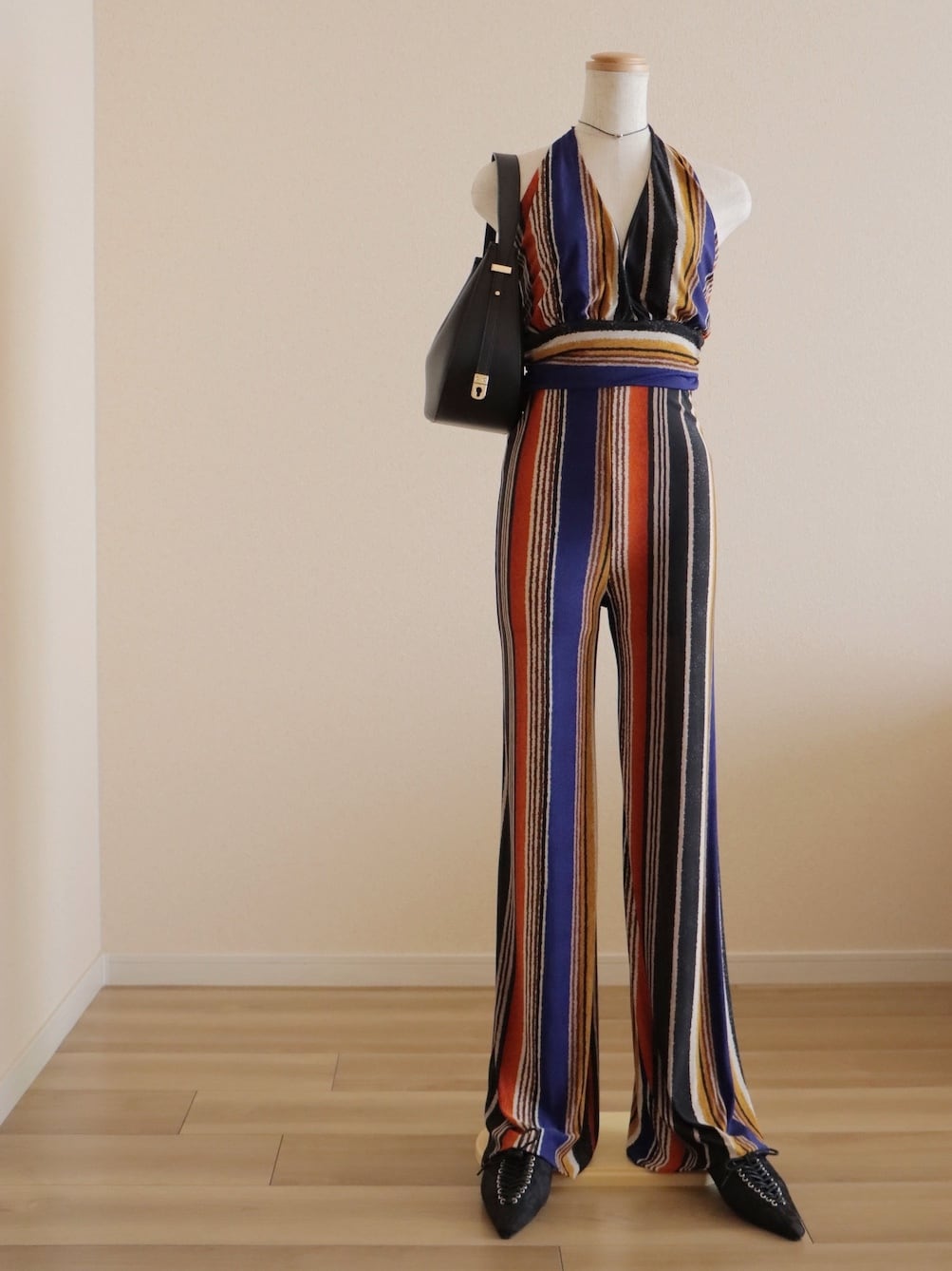 ●80-90s made in USA striped halter neck design jersey easy relax jumpsuit