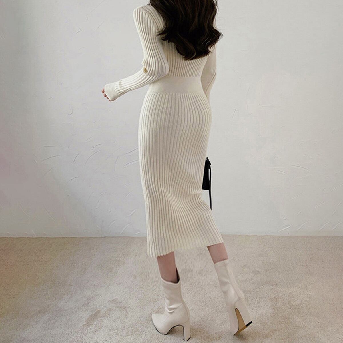 ロングワンピース レディース リブニット きれいめ 秋冬 韓国 大人 おしゃれ 上品 タイト ウエストマーク ハイウエスト 長袖 大人可愛い 大人女子
