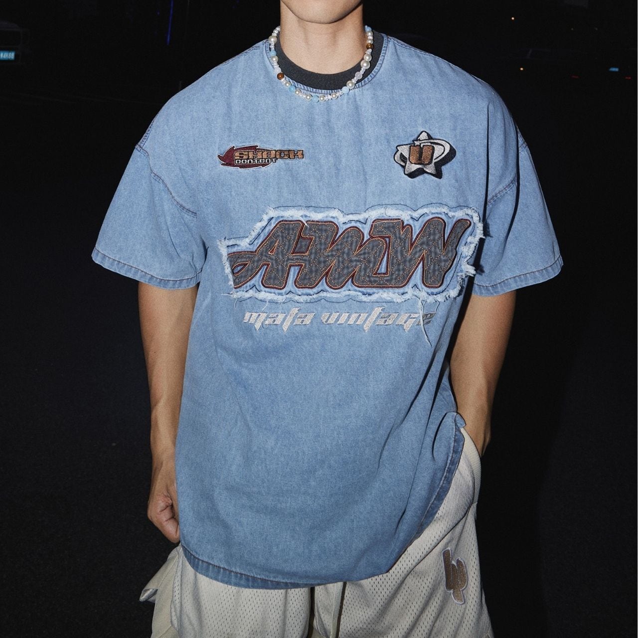 ヴィンテージライクロゴパッチデニムライクTシャツ 1col A00279