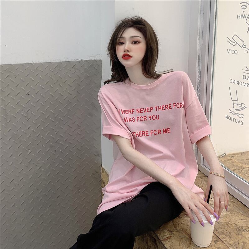 Tシャツ サマープリントカジュアルルーズロングトップス ピンク 夏物 ブラックストロベリース81225562934