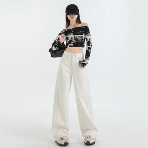 無地のシンプルな高級ワイドレッグジーンズレディースハイウエストゆったりスリミングファッショナブルオールマッチストレートパンツ