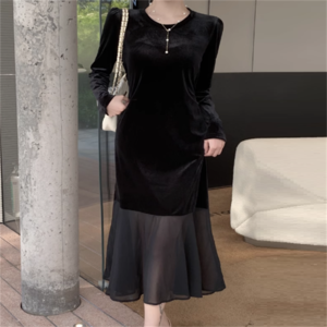 【送料無料】 ドレス ロングドレス ワンピース　 パーティドレス ロング ミモレ 袖あり 長袖 Uネック ラウンドネック Aライン フレア ドッキング 異素材切り替え 透け感 シースルー ベルベット エレガント 可愛い 大人可愛い きれいめ シンプル カジュアル シック コンサバ 華やか 大人 上品 おしゃれ お洒落 主役級 こなれ感 高見え 高級感 無地 秋 冬 30代 40代 レディース 女性用 ママ デート お出かけ 女子会 お呼ばれ 休日 お茶会 授業参観 結婚式 二次会 パーティ 演奏会