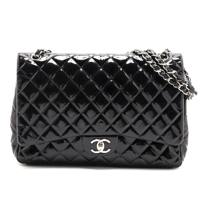 Rare◇CHANEL Large Matelasse Patent Leather Shoulder Bag Black Silver Hardware Double Chain Bag A58601 15856659 34 1005