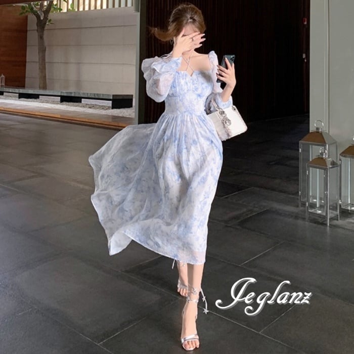 花柄 プリント ロング丈 ワンピース ドレス パフ袖 スクエア デコルテ見せ (M3271)α