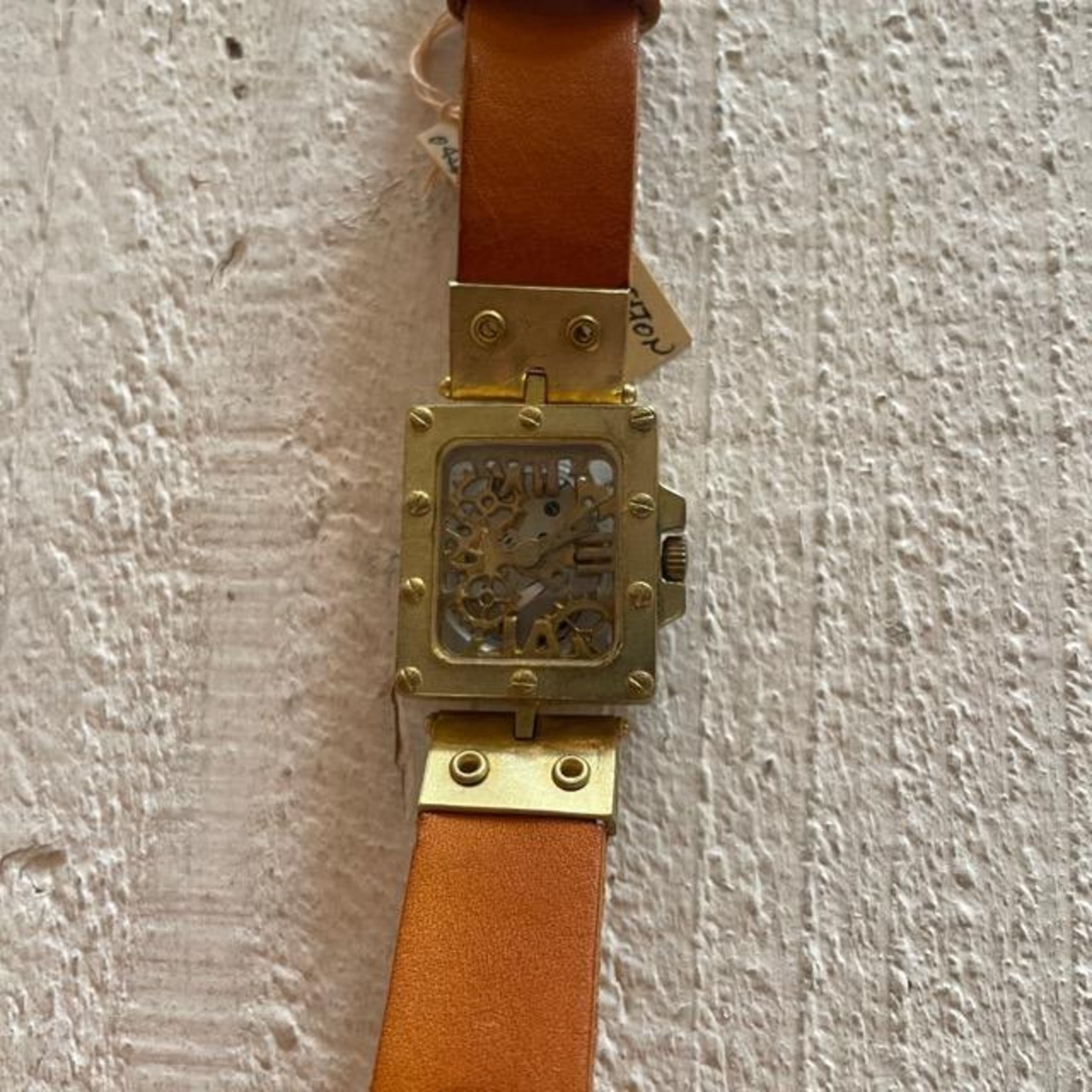 【Made to order】Brass and leather handmade watch SK RECZASKELTON CM 受注生産　真鍮とレザーのハンドメイドウォッチ　レクザスケルトン　キャメル