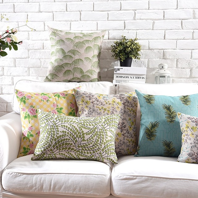 グリーントロピカル葉クッションカバー幾何ピンク花厚いリネンコットン枕カバー寝室ソファ装飾