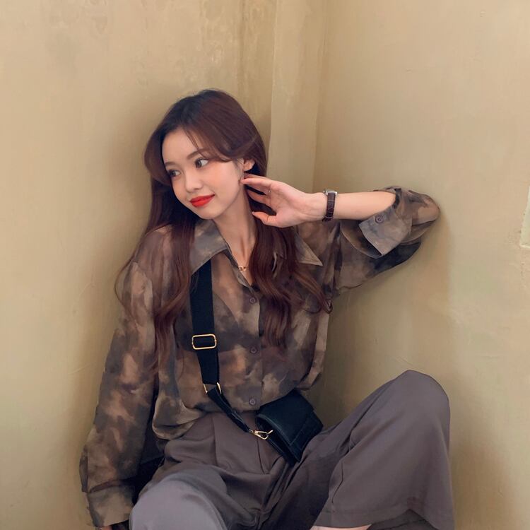 薄手レディーススタンダードスタイルシャツ プリントシフォン ロング レトロ 1号婦人57368975468