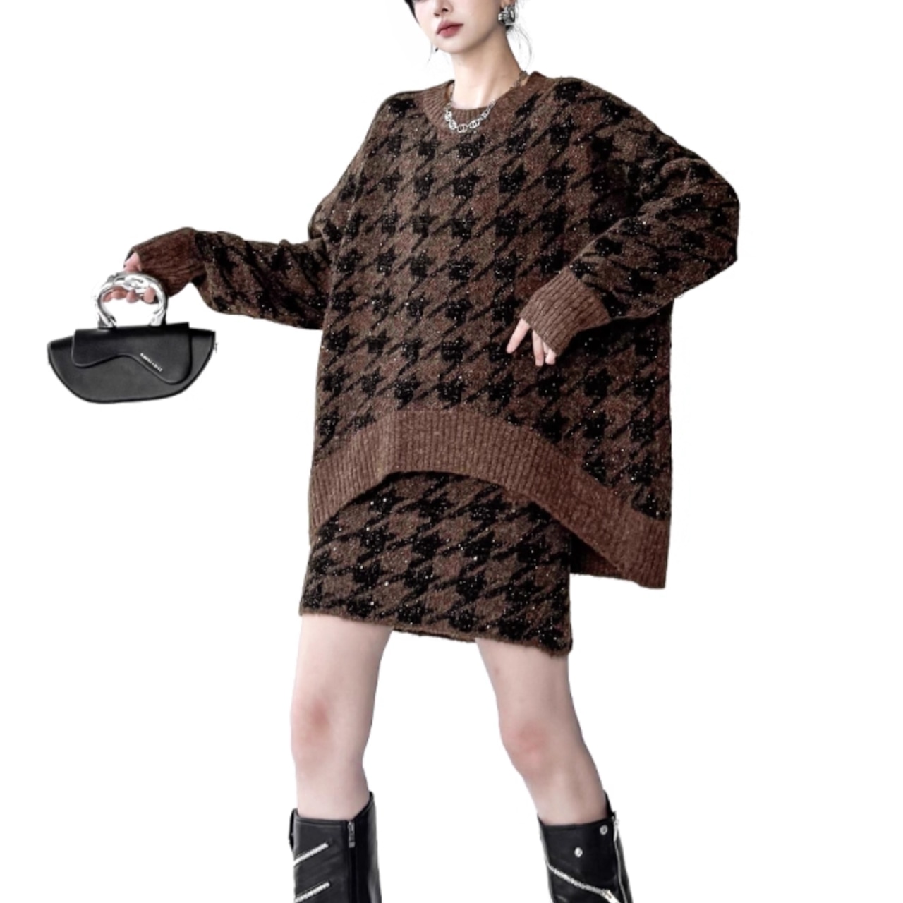 Houndstooth knit two-piece set (ME135)