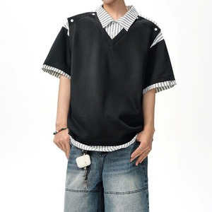 Striped Patchwork Short-Sleeve Polo Shirt(MT1639)