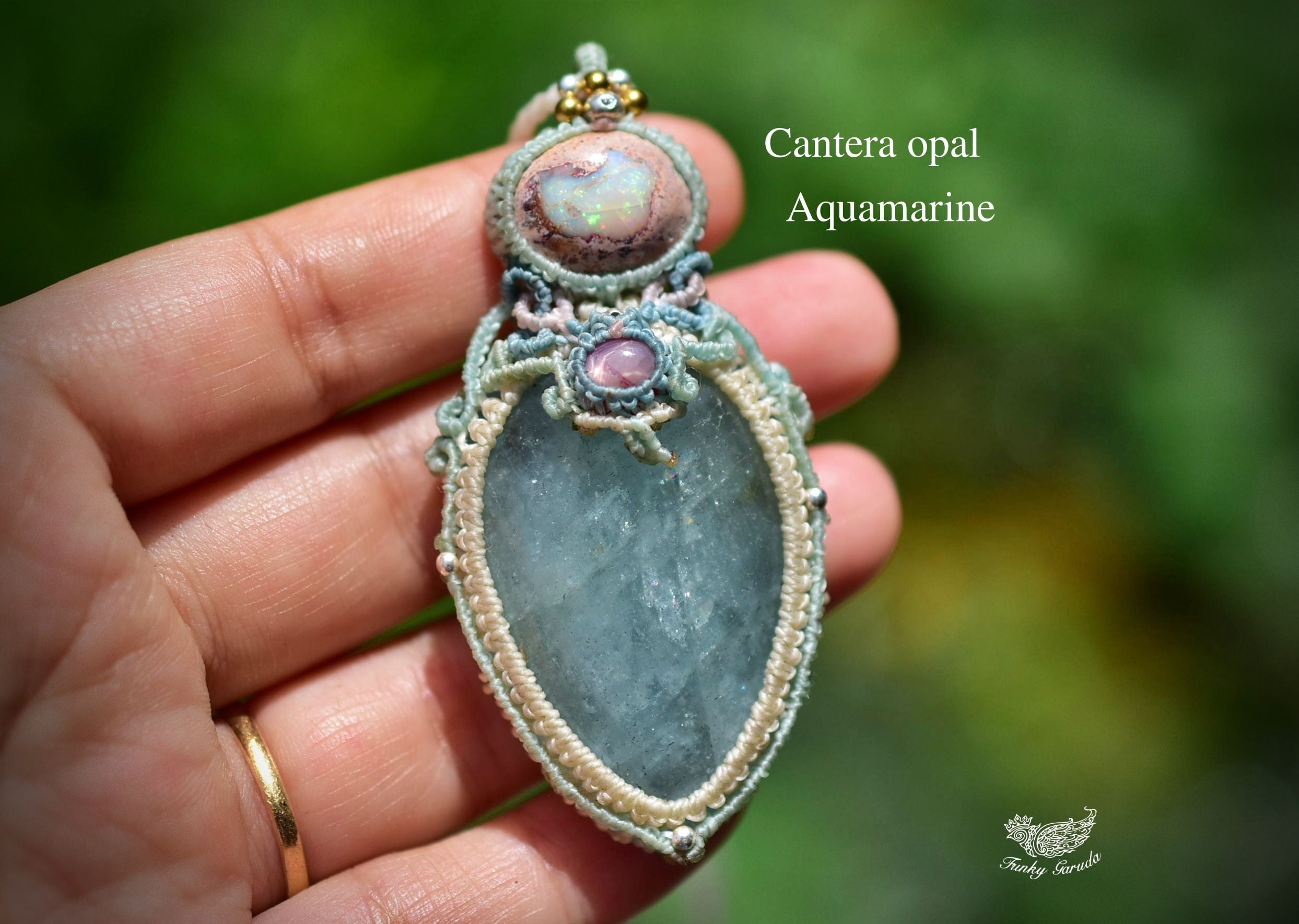 宝石質オパール・アクアマリンのマクラメネックレス