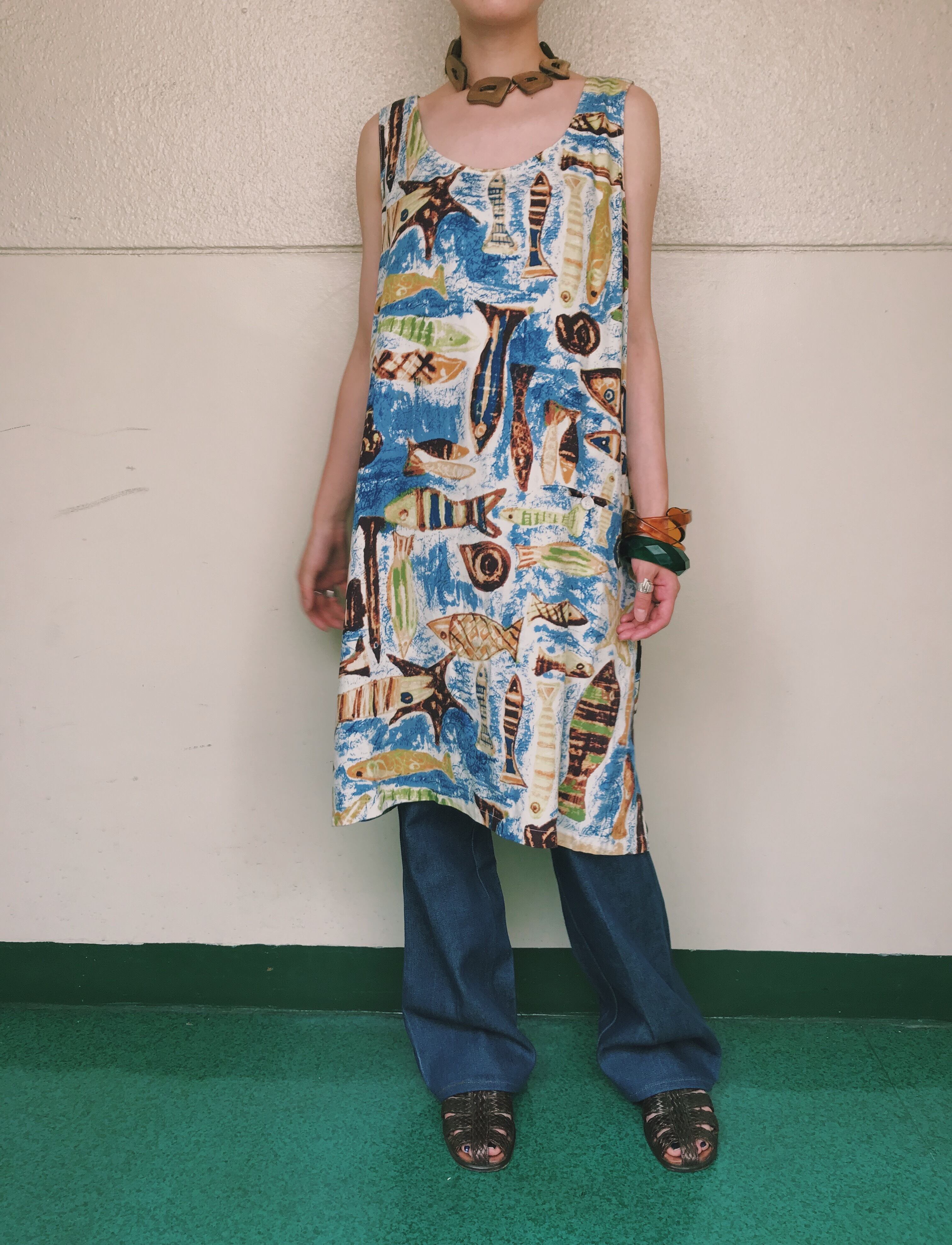 Vintage Fish Print Sleeveless Rayon Dress ヴィンテージ 魚柄 ノースリーブ レーヨン ワンピース Riyad Vintage Shop