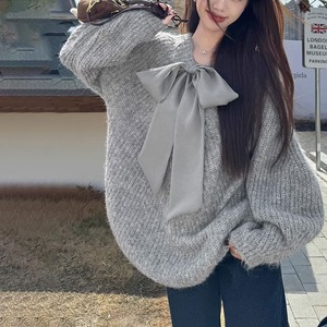 ビッグリボン ニット 長袖 トップス レディース 春秋冬 韓国 前後2way きれいめ 大人 かわいい おしゃれ フェミニン カジュアル ゆったり ローケージニット セーター 体型カバー 大人可愛い 大人女子