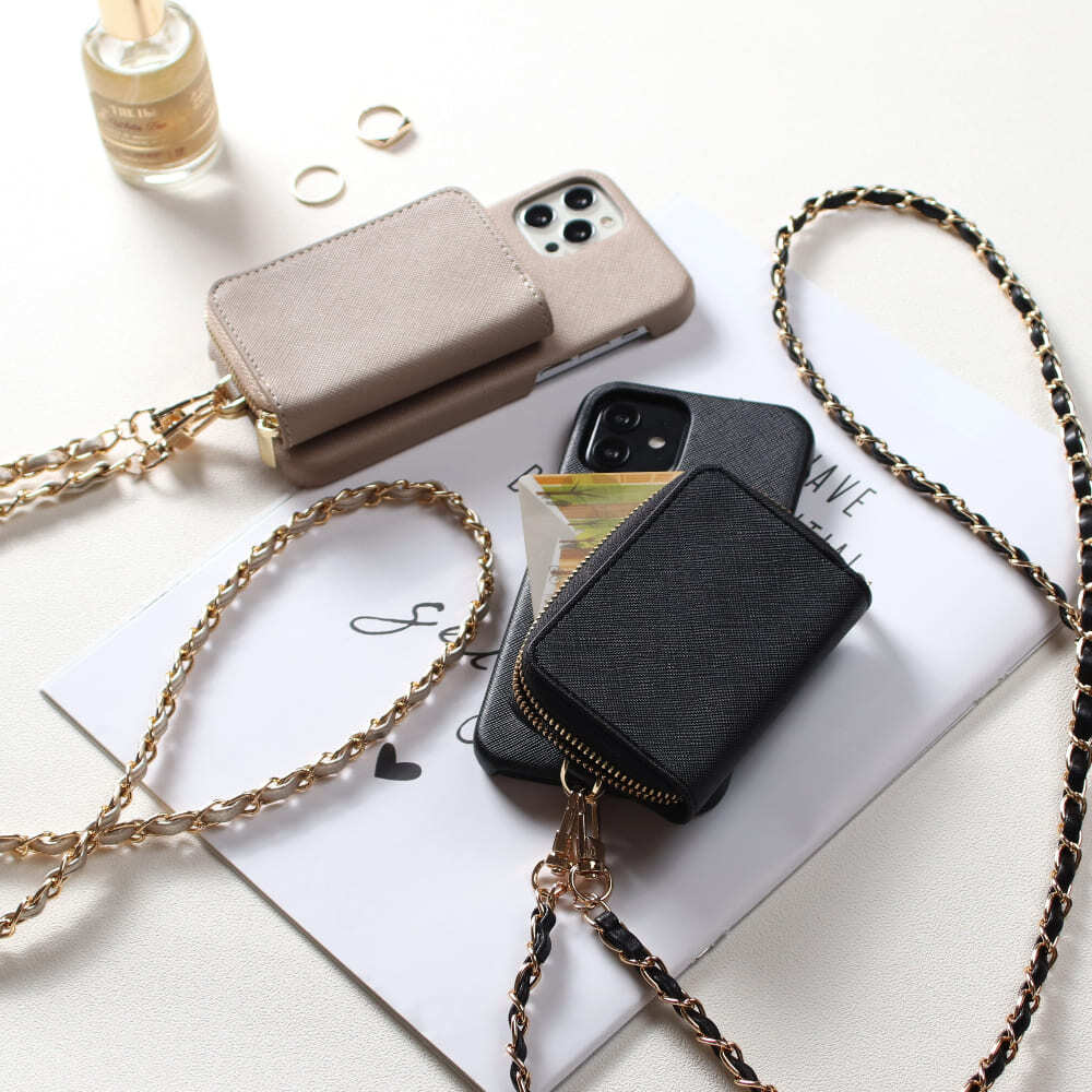 お財布付き iphone ケース かわいい チェーンストラップ付き