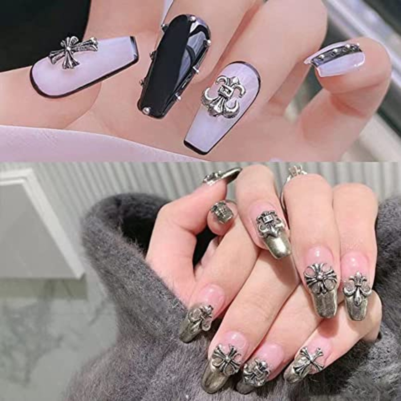 LIKENNY ネイルパーツ パンク風 メタルパーツ レトロ シルバー ネイルアート用品 DIY クラフトアクセサリー 金属パーツ 3D立体感 ネイルパーツ （50個）