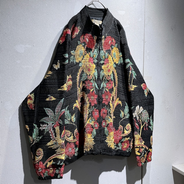 1990s ” pleat pleat ” Exotic Flower printed Black pleat zip jacket