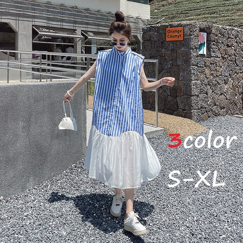 ロングワンピース レディース ロング ワンピース ワンピ ストライプ ノースリーブ ハイネック プルオーバー 切り替え デザイン ルーズ きれいめ フレア 薄手 黒 青 10代 20代 女性 デート お出かけ 女子会 XL 春 夏 大人 コーデ コーディネート 韓国 ファッション オルチャン お取り寄せ 送料無料 hll-1094
