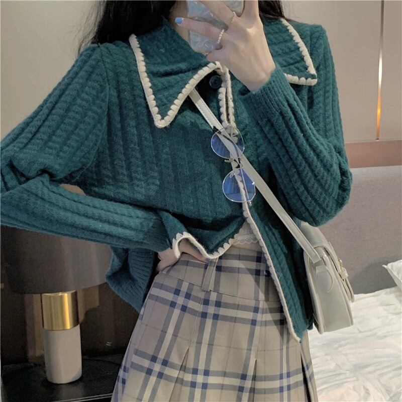 ブルーセーター オータムトップス カラーニットカーディガンジャケット ロング 秋物 萌量不足49785096097