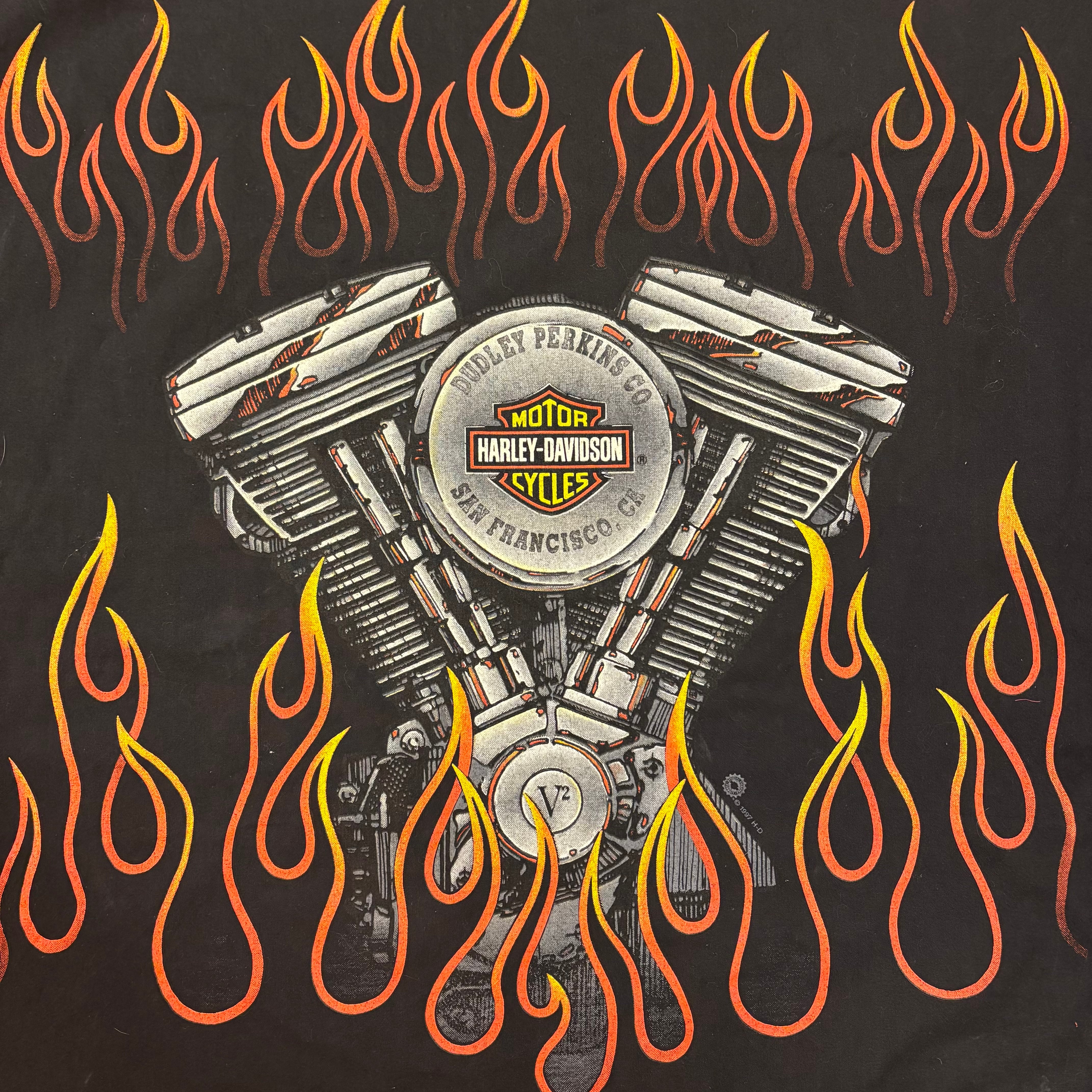 90s USA製 HARLEY DAVIDSON V2エンジンファイヤーパターン大判バンダナ