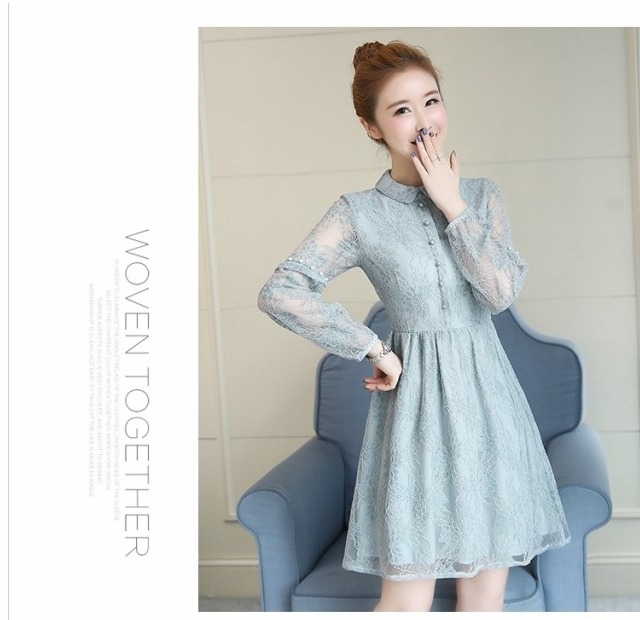 セレブ風 ワンピース ワンピース レディース レースワンピース エレガントワンピース 膝丈 膝上 ワンピ ボタン 透かし彫り 色違い 長袖 Basecamp49