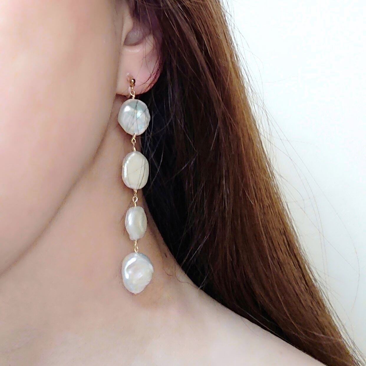 14kgf☆淡水バロックパール4連ロングノンホールピアスorピアス | Rapity