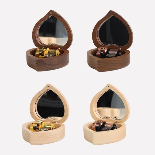 オルゴール ミラー付きオルゴール ハート型 装飾品 木製 ウォールナット メープル 誕生日 プレゼント 記念品 クリスマスプレゼント 贈り物