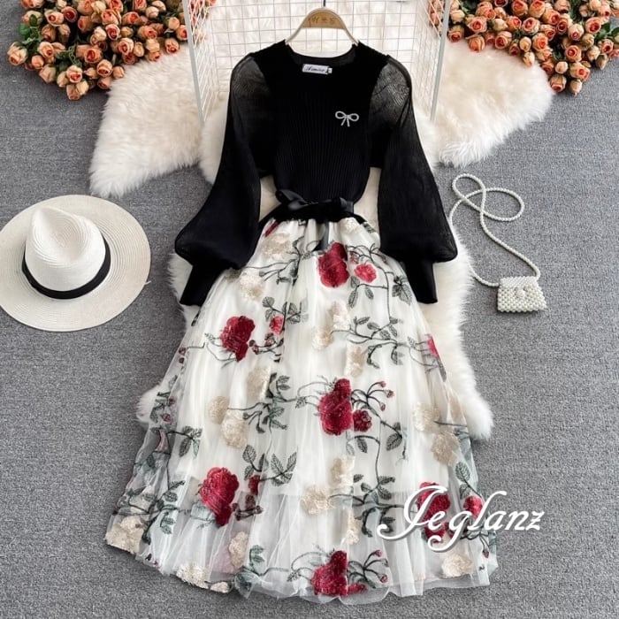 パーティドレス ワンピース バイカラー 異素材 ニット 肌透け 4色 ♪(M8674)ζ