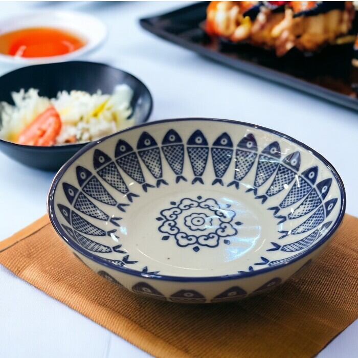 ナマス皿 お皿 丸皿 プレート 連魚 さかな 手描き 和食器 染付陶器