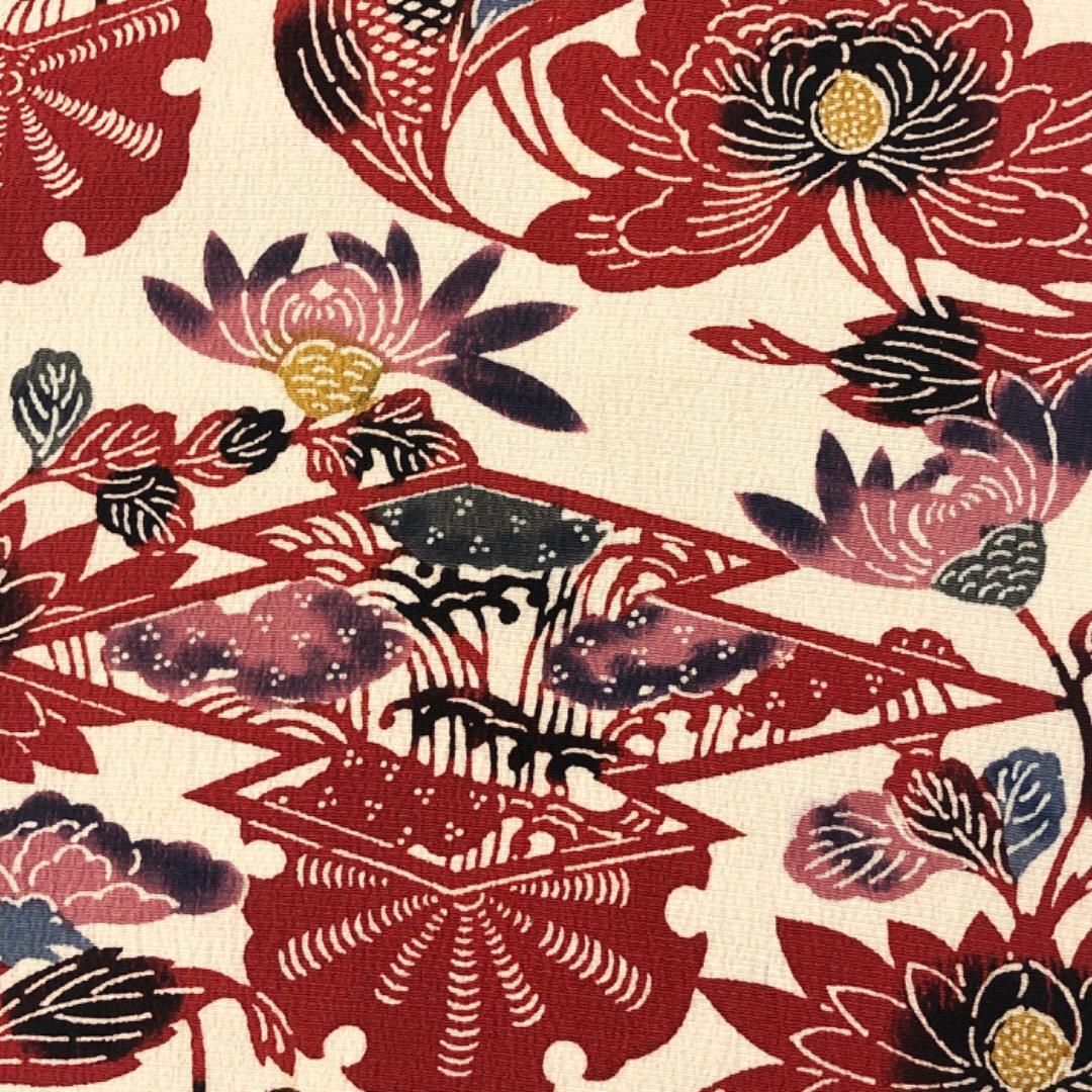 名古屋帯 型染 松皮菱 花模様 生成色 縮緬 O-5465 名古屋帯 型染 松皮菱 花模様 生成色 縮緬 O-5465 着物 きもの