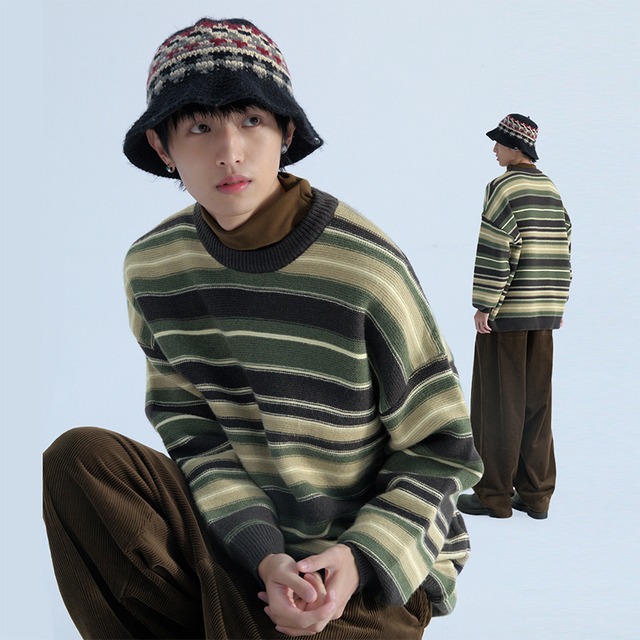 Mentmate全2色カジュアルボーダー柄ニットセーター