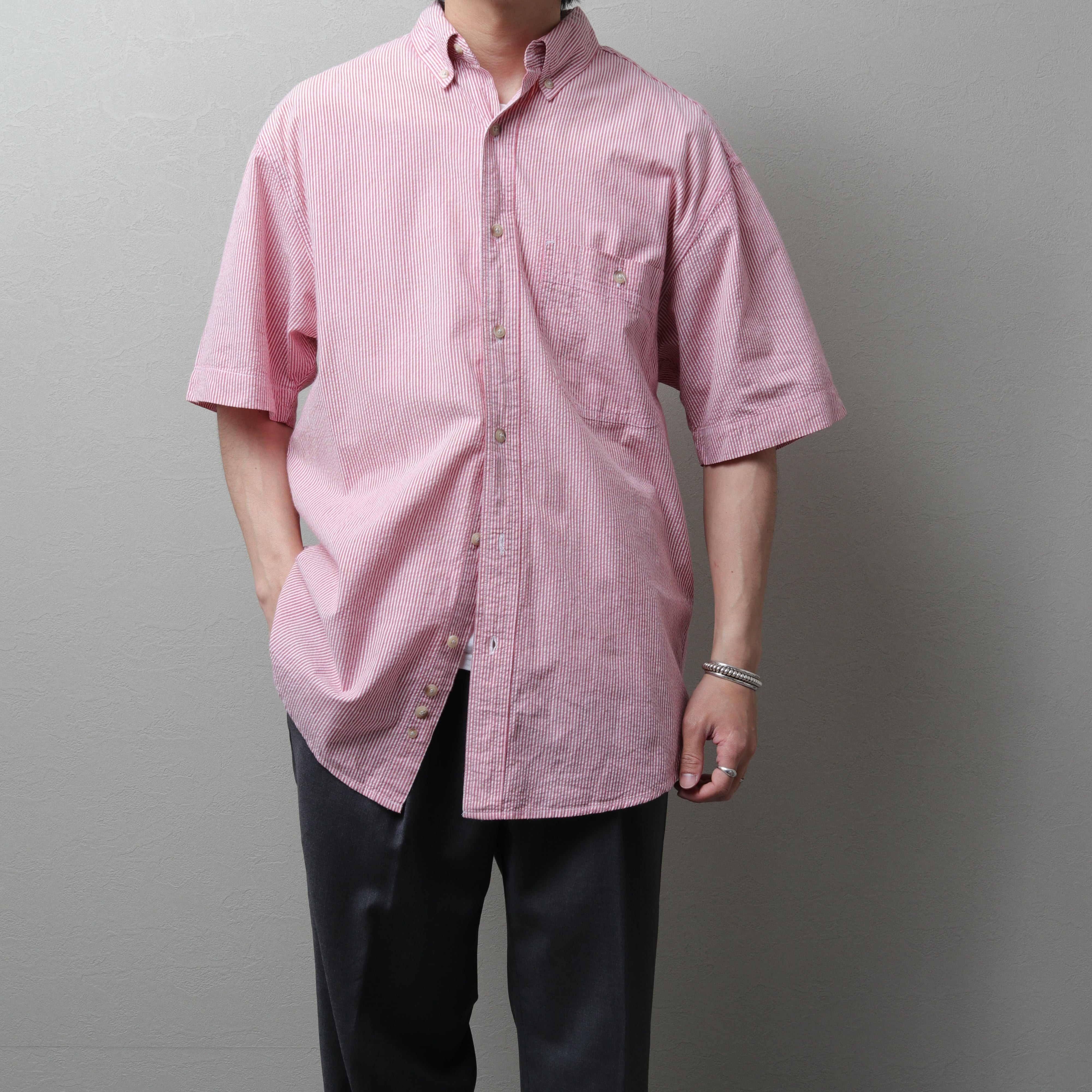 1990's~ Eddie Bauer S/S Seersucker B.D Shirt, candy stripe 121073